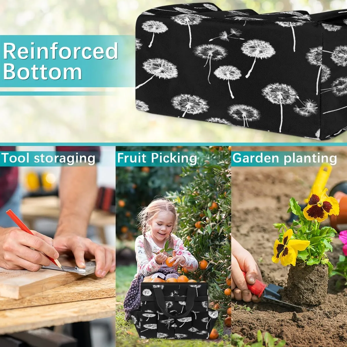 Flower Dandelion Print Black Gardening Tote Bag with Handle and 10 Roomy Pockets Carrying Organizer Storage Tool box Wear-resistant & Reusable Tool Bag for Outdoor Garden Lawn Yard