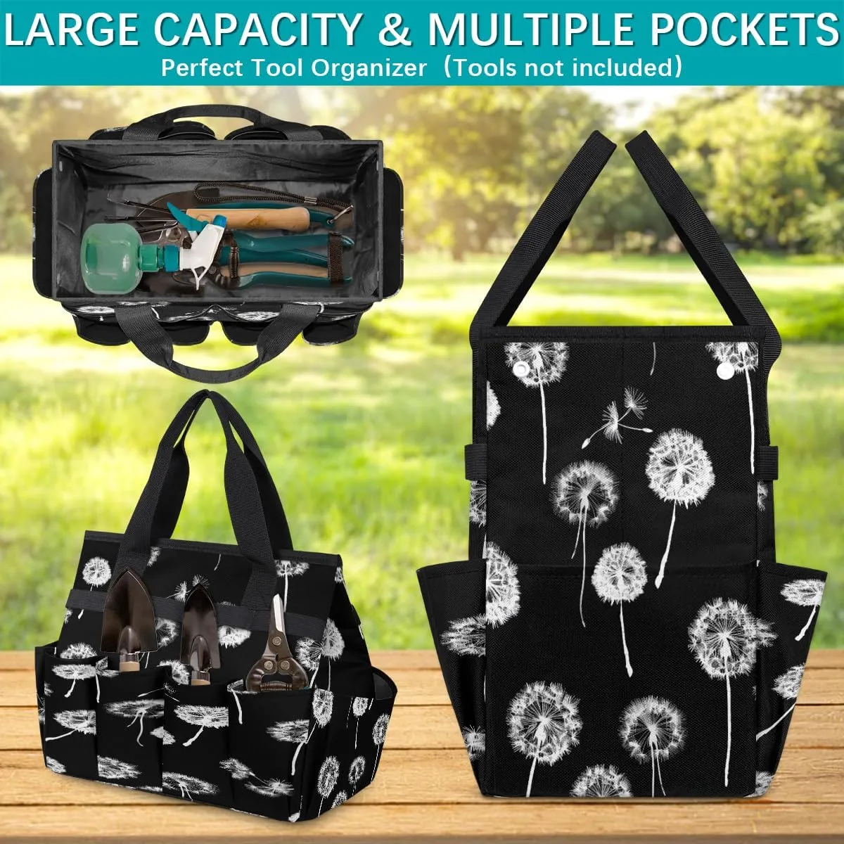 Flower Dandelion Print Black Gardening Tote Bag with Handle and 10 Roomy Pockets Carrying Organizer Storage Tool box Wear-resistant & Reusable Tool Bag for Outdoor Garden Lawn Yard