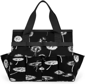 Flower Dandelion Print Black Gardening Tote Bag with Handle and 10 Roomy Pockets Carrying Organizer Storage Tool box Wear-resistant & Reusable Tool Bag for Outdoor Garden Lawn Yard