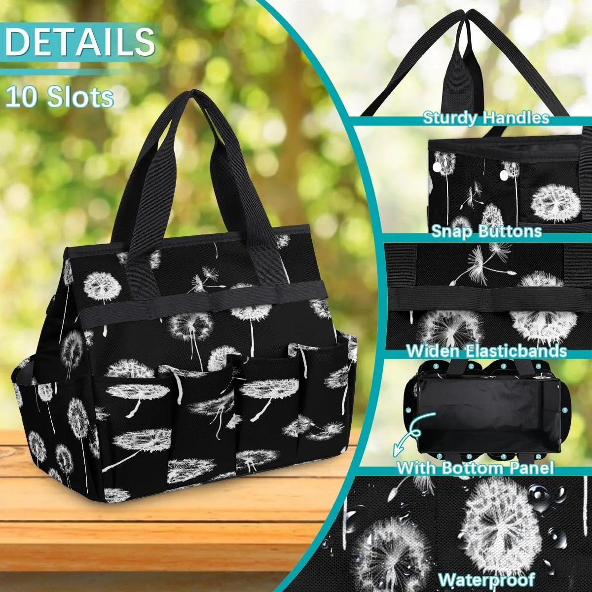 Flower Dandelion Print Black Gardening Tote Bag with Handle and 10 Roomy Pockets Carrying Organizer Storage Tool box Wear-resistant & Reusable Tool Bag for Outdoor Garden Lawn Yard