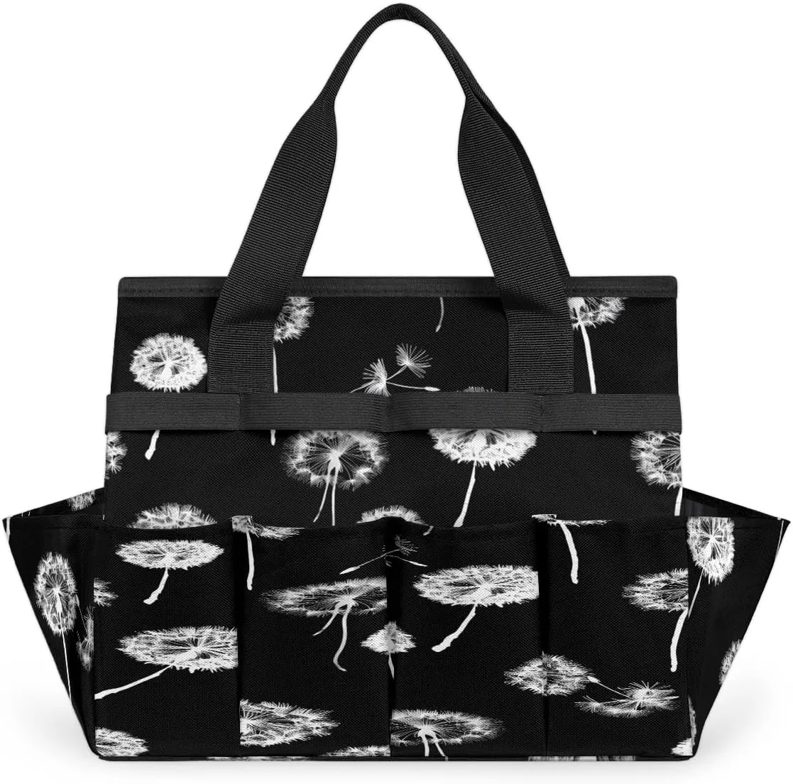 Flower Dandelion Print Black Gardening Tote Bag with Handle and 10 Roomy Pockets Carrying Organizer Storage Tool box Wear-resistant & Reusable Tool Bag for Outdoor Garden Lawn Yard
