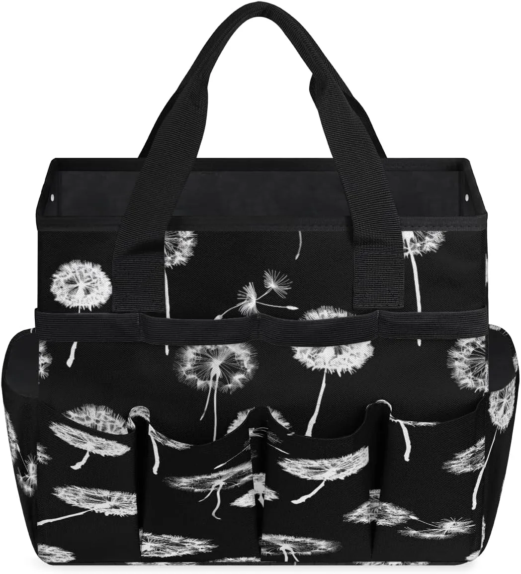 Flower Dandelion Print Black Gardening Tote Bag with Handle and 10 Roomy Pockets Carrying Organizer Storage Tool box Wear-resistant & Reusable Tool Bag for Outdoor Garden Lawn Yard