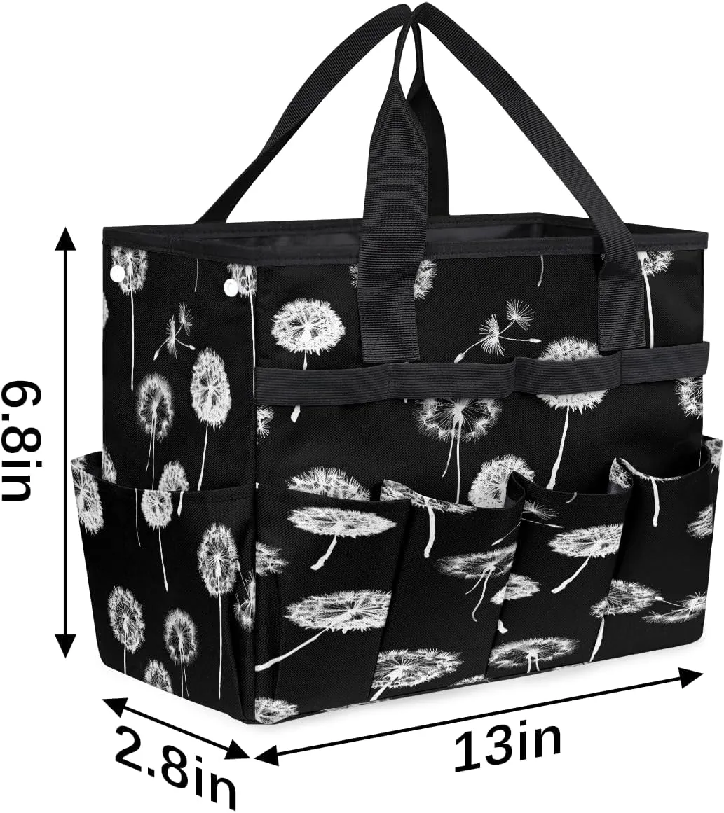 Flower Dandelion Print Black Gardening Tote Bag with Handle and 10 Roomy Pockets Carrying Organizer Storage Tool box Wear-resistant & Reusable Tool Bag for Outdoor Garden Lawn Yard