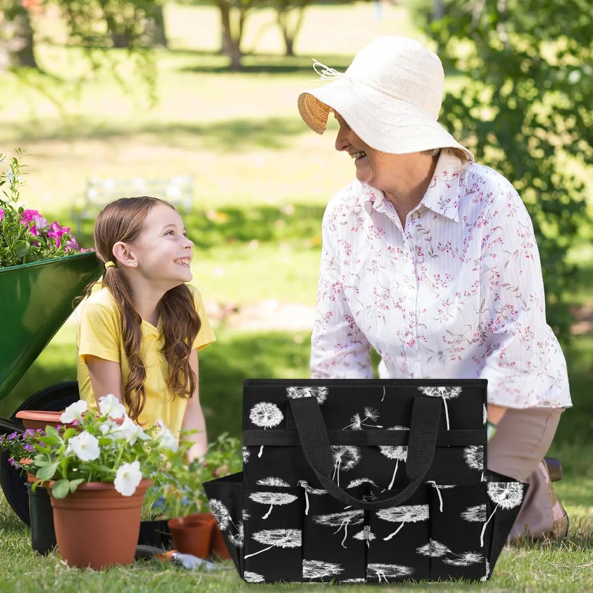 Flower Dandelion Print Black Gardening Tote Bag with Handle and 10 Roomy Pockets Carrying Organizer Storage Tool box Wear-resistant & Reusable Tool Bag for Outdoor Garden Lawn Yard