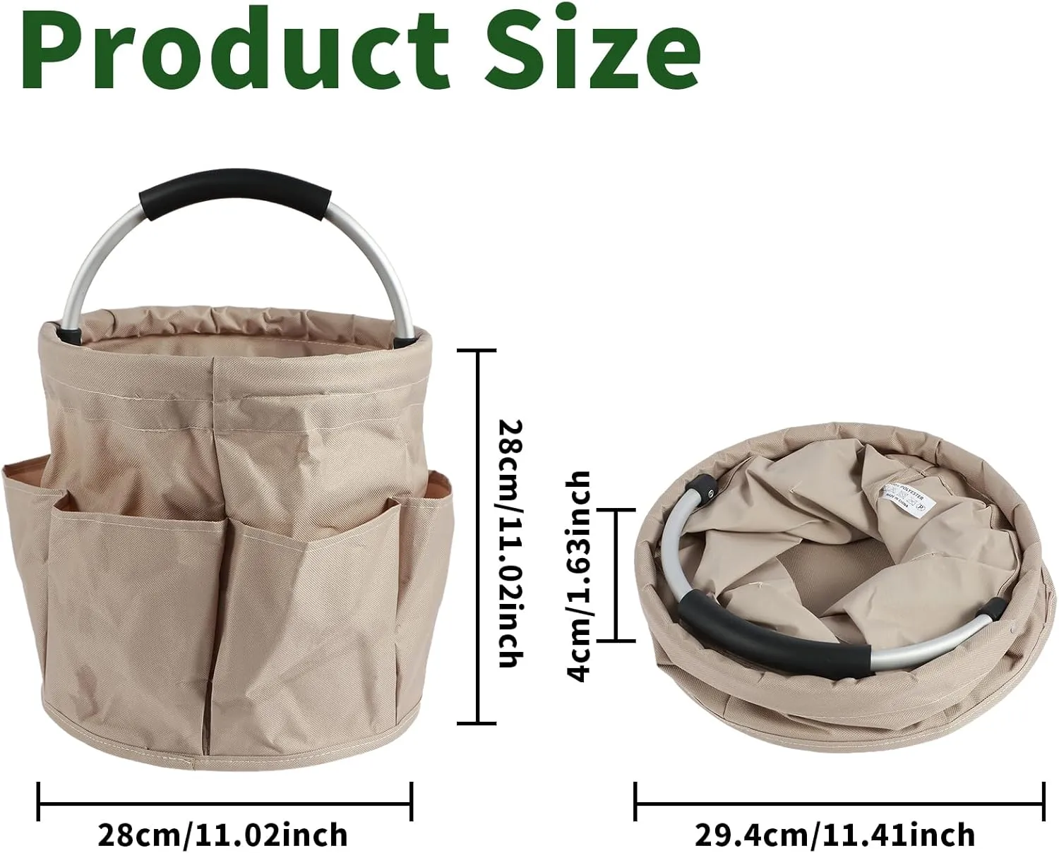 Gardening Storage Tote with Handle and 6 Pockets, Folding Garden Tool Basket, Storage Bag for Outdoor Picnic Organizer, 17L Cleaning Organizer, Bathroom Organizer, Garden Tool Kit Holder (Khaki)