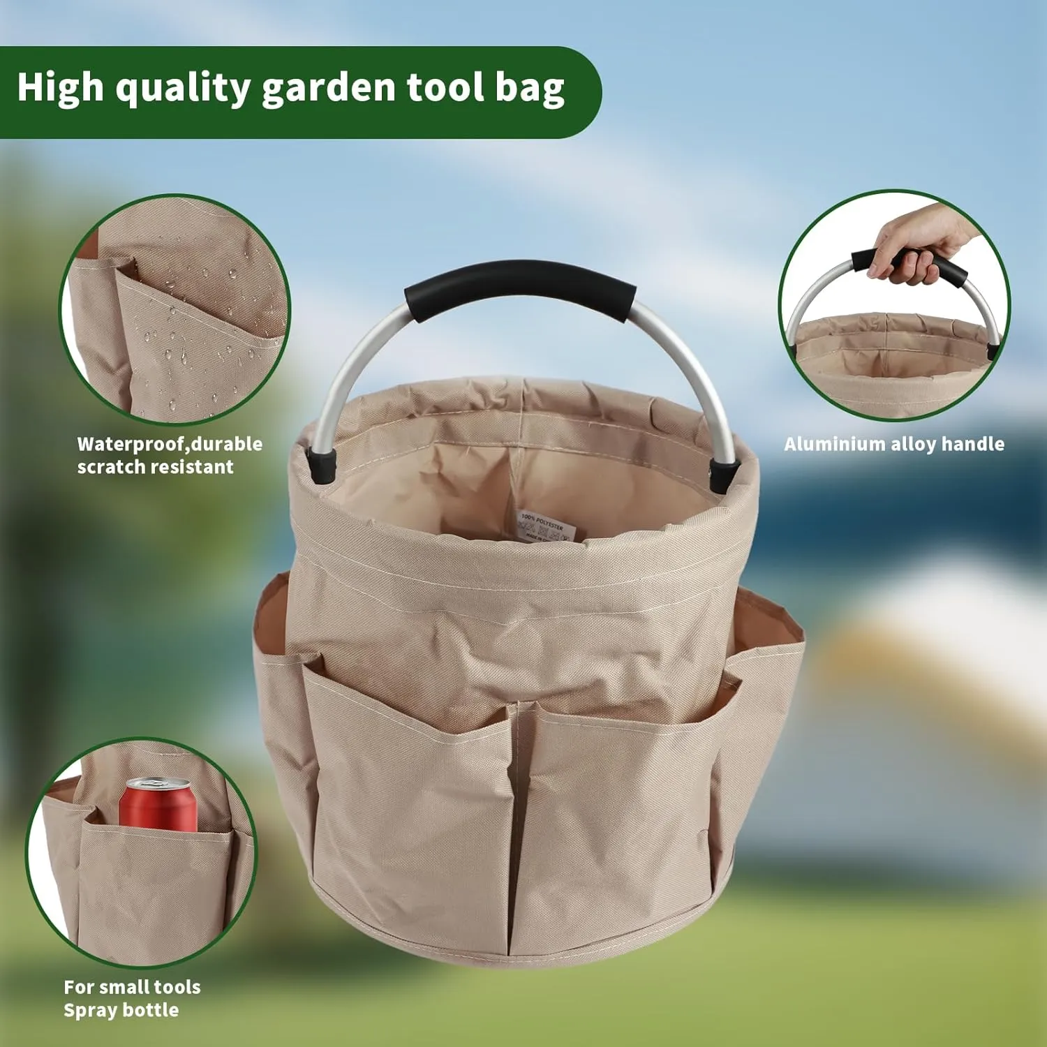 Gardening Storage Tote with Handle and 6 Pockets, Folding Garden Tool Basket, Storage Bag for Outdoor Picnic Organizer, 17L Cleaning Organizer, Bathroom Organizer, Garden Tool Kit Holder (Khaki)