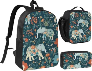 Gorgeous meadows pattern with floral elephant in print Backpack Set Casual Shoulder Bag Lunch Bag Pen Pouch 3 in 1 Set 17inch for Women Men College