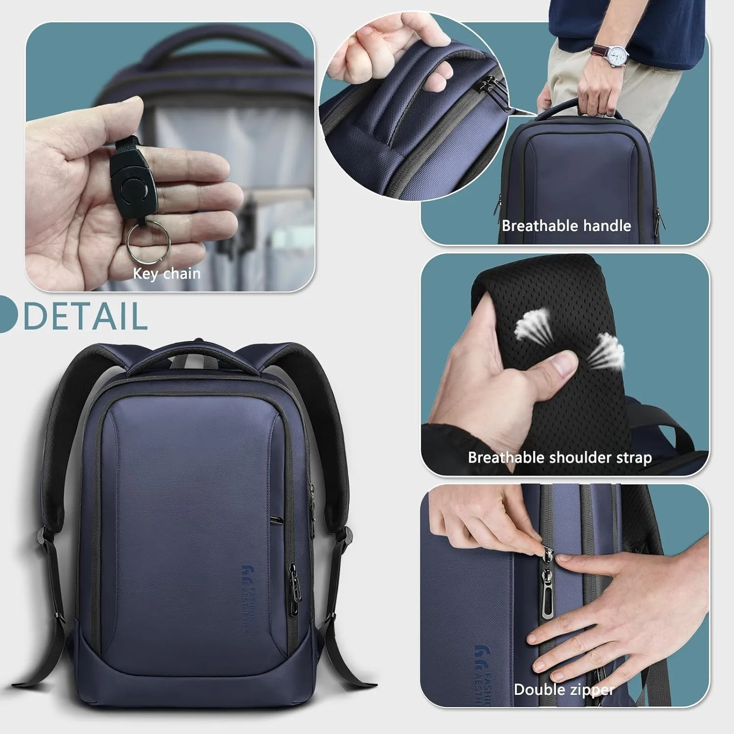 hk Laptop Backpack for Men with USB Charging Port Water-Resistant for 15.6 Inch Computer Bag Durable High-Tech Daypack Casual Backpack for Business Work College Weekender Travel- Blue