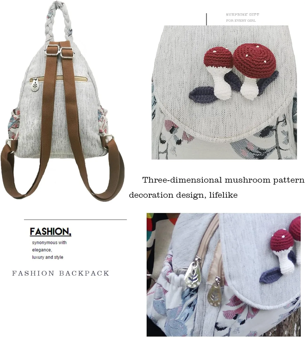 HUANGGUOSHU Women Cotton Woven Hippie Hemp Boho Canvas Embroidery Multi Pocket Retro Cute Backpack Wallet BackpackMushroom