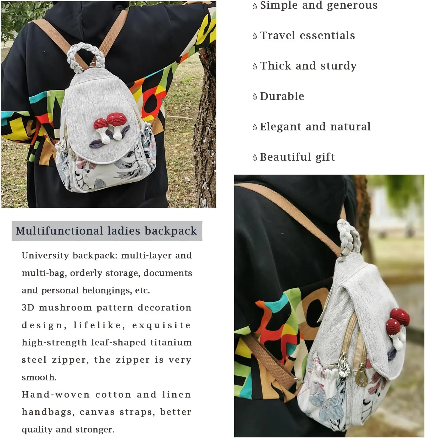 HUANGGUOSHU Women Cotton Woven Hippie Hemp Boho Canvas Embroidery Multi Pocket Retro Cute Backpack Wallet BackpackMushroom