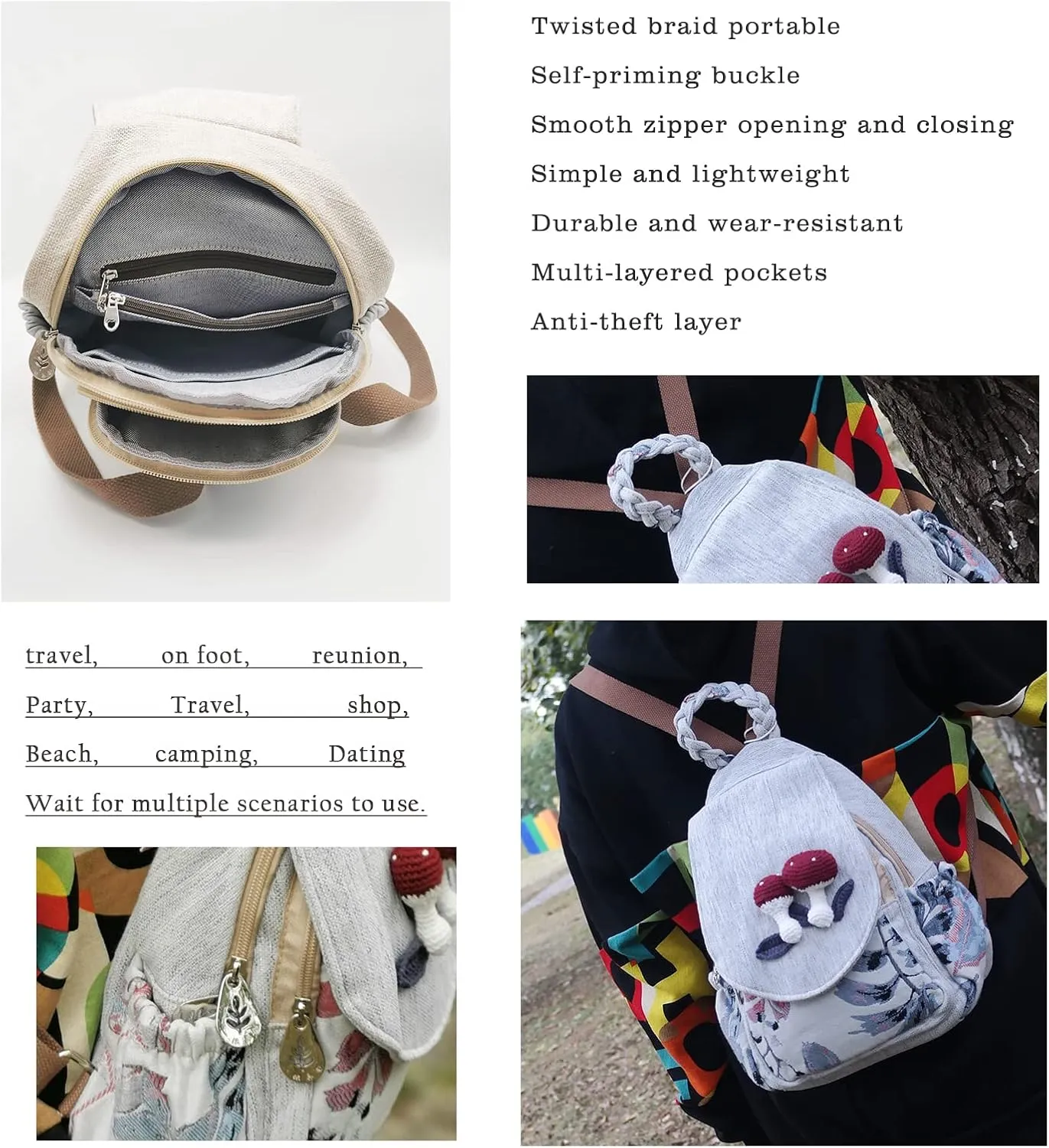 HUANGGUOSHU Women Cotton Woven Hippie Hemp Boho Canvas Embroidery Multi Pocket Retro Cute Backpack Wallet BackpackMushroom