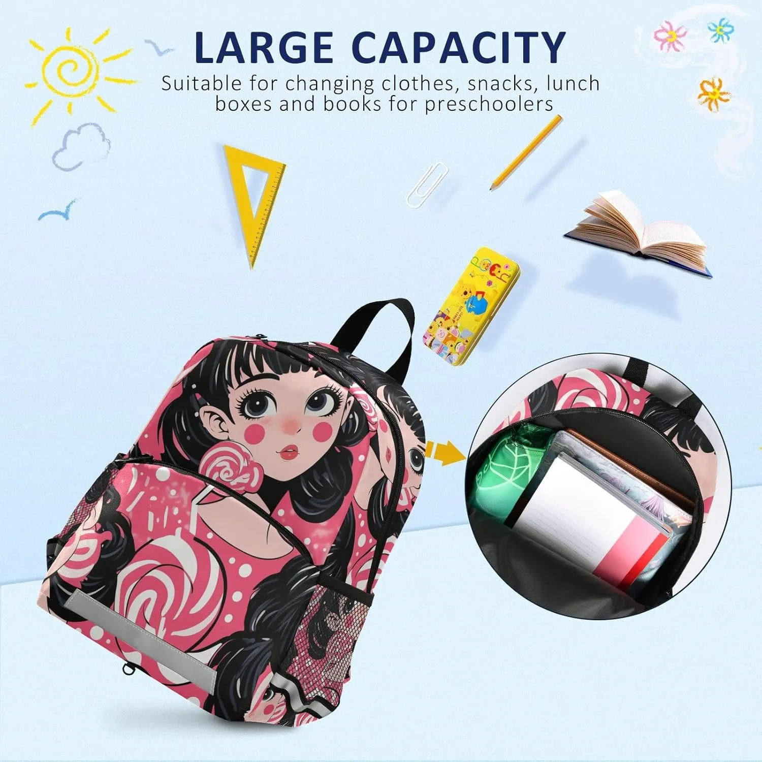 KLL Kindergarten Preschool Backpack, Lollipop Girl, Lightweight Schoolbag with Reflective Strips Mini Travel Outdoor Daypack