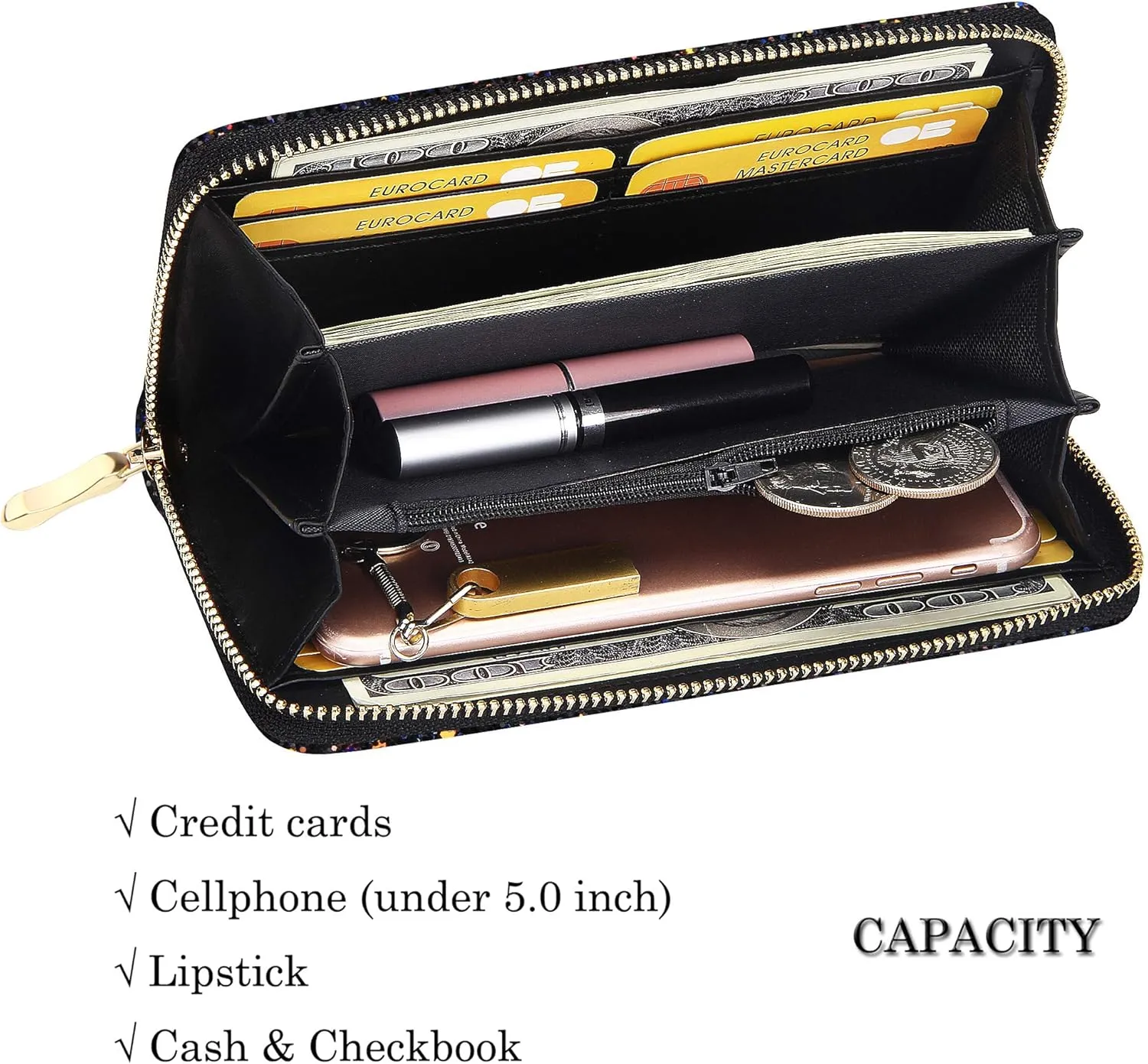 KUKOO Glitter Wallet for Women Shiny Long Phone Clutch Purse Ladies Card Holder