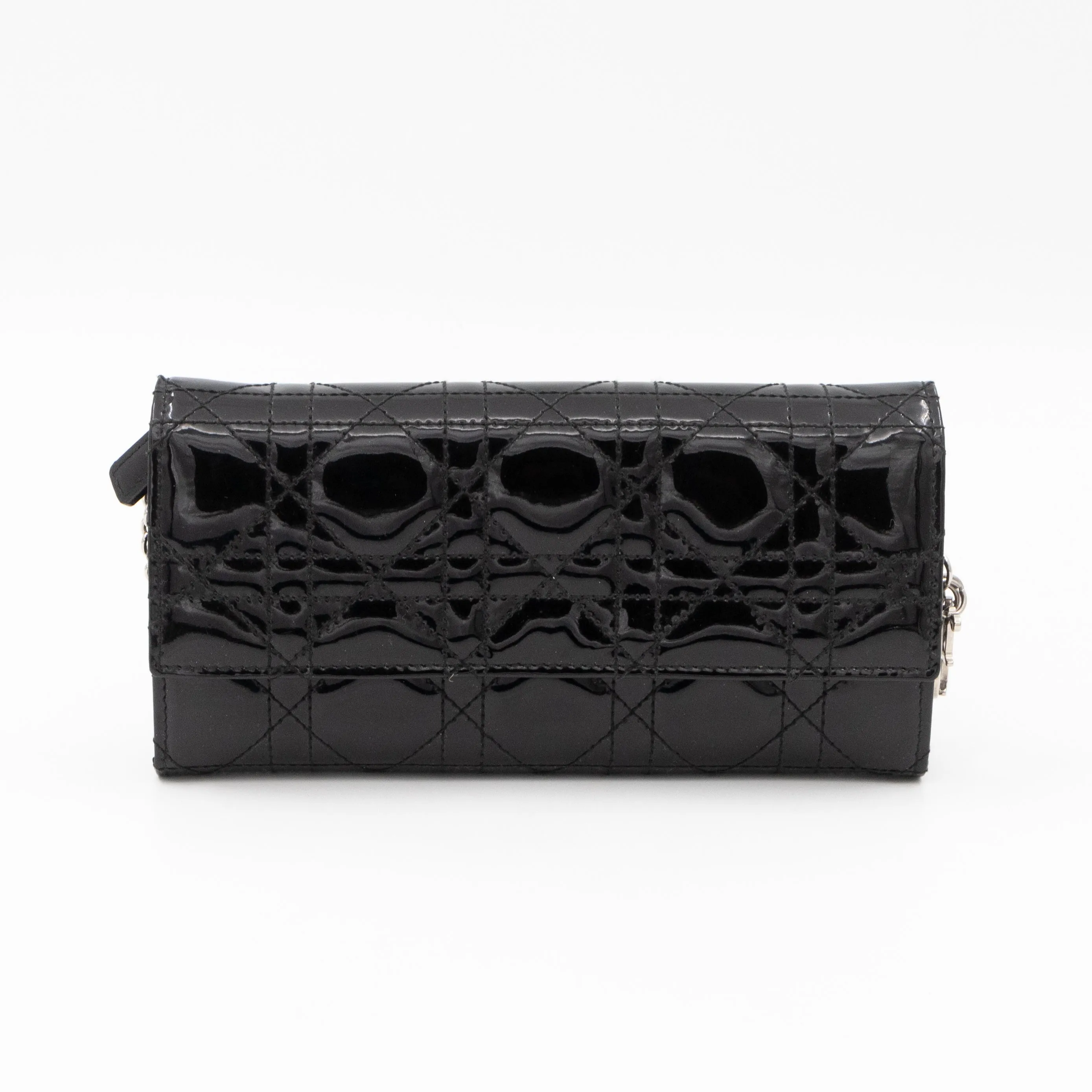 Lady Trendy Inspired Dior Clutch With Chain Black Patent Leather