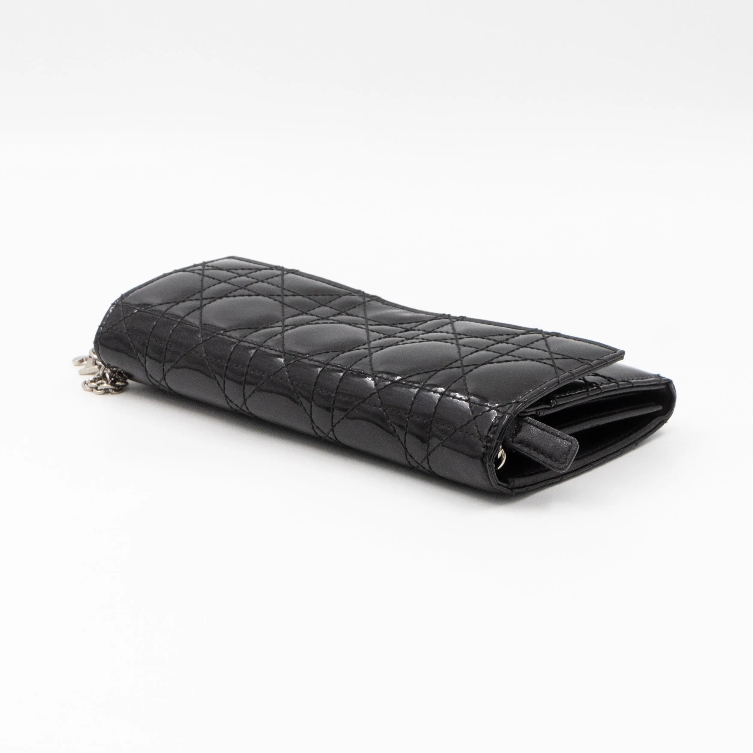 Lady Trendy Inspired Dior Clutch With Chain Black Patent Leather