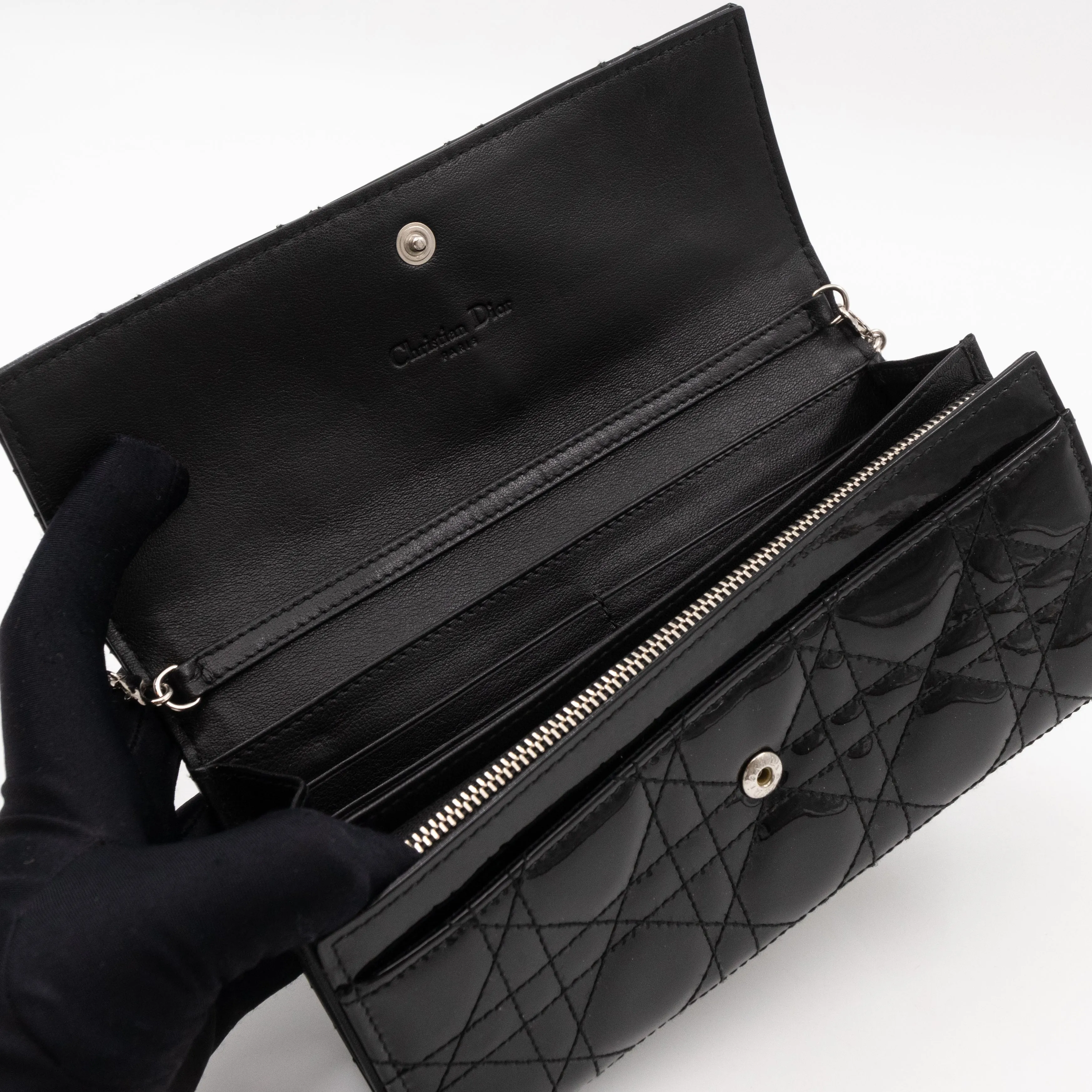 Lady Trendy Inspired Dior Clutch With Chain Black Patent Leather