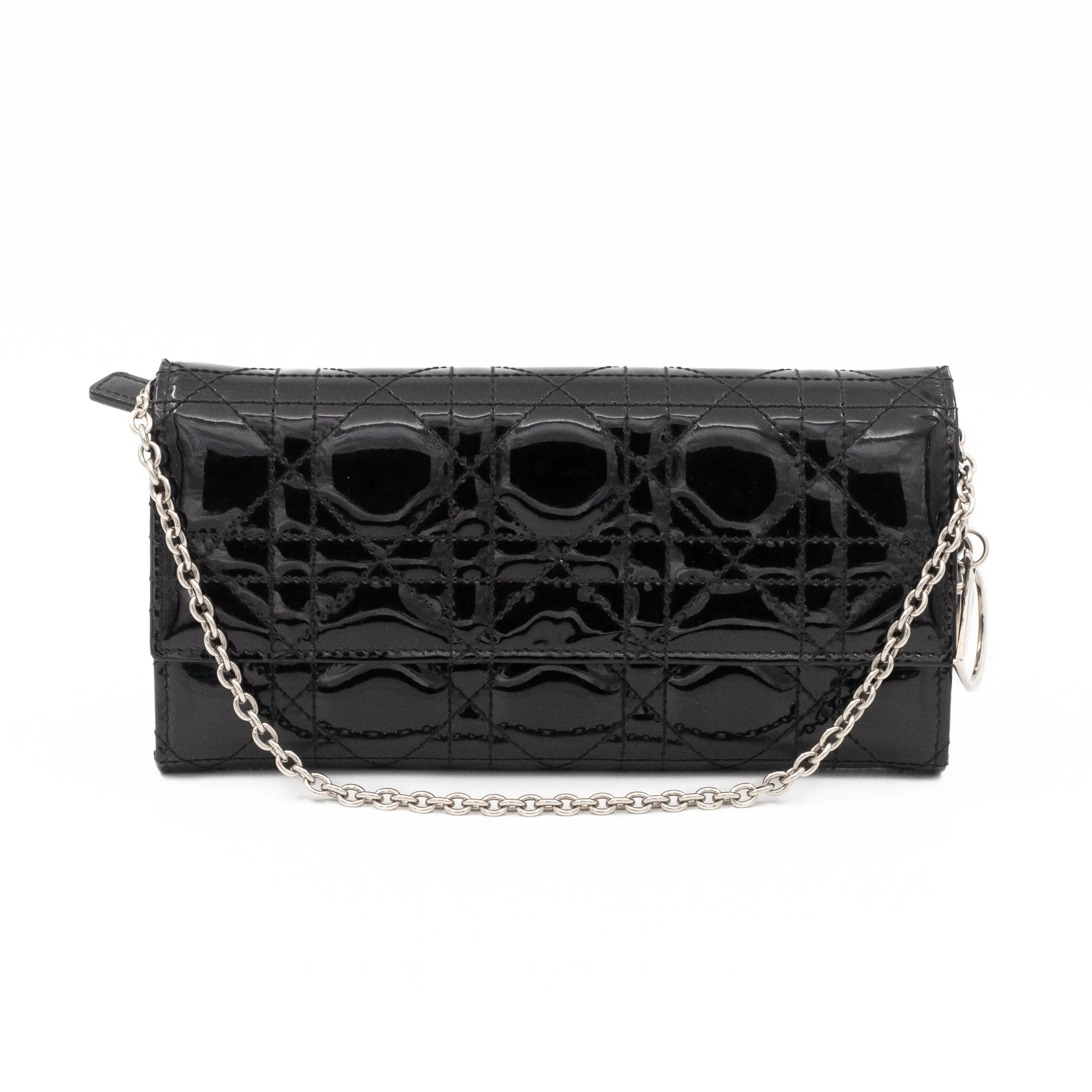 Lady Trendy Inspired Dior Clutch With Chain Black Patent Leather