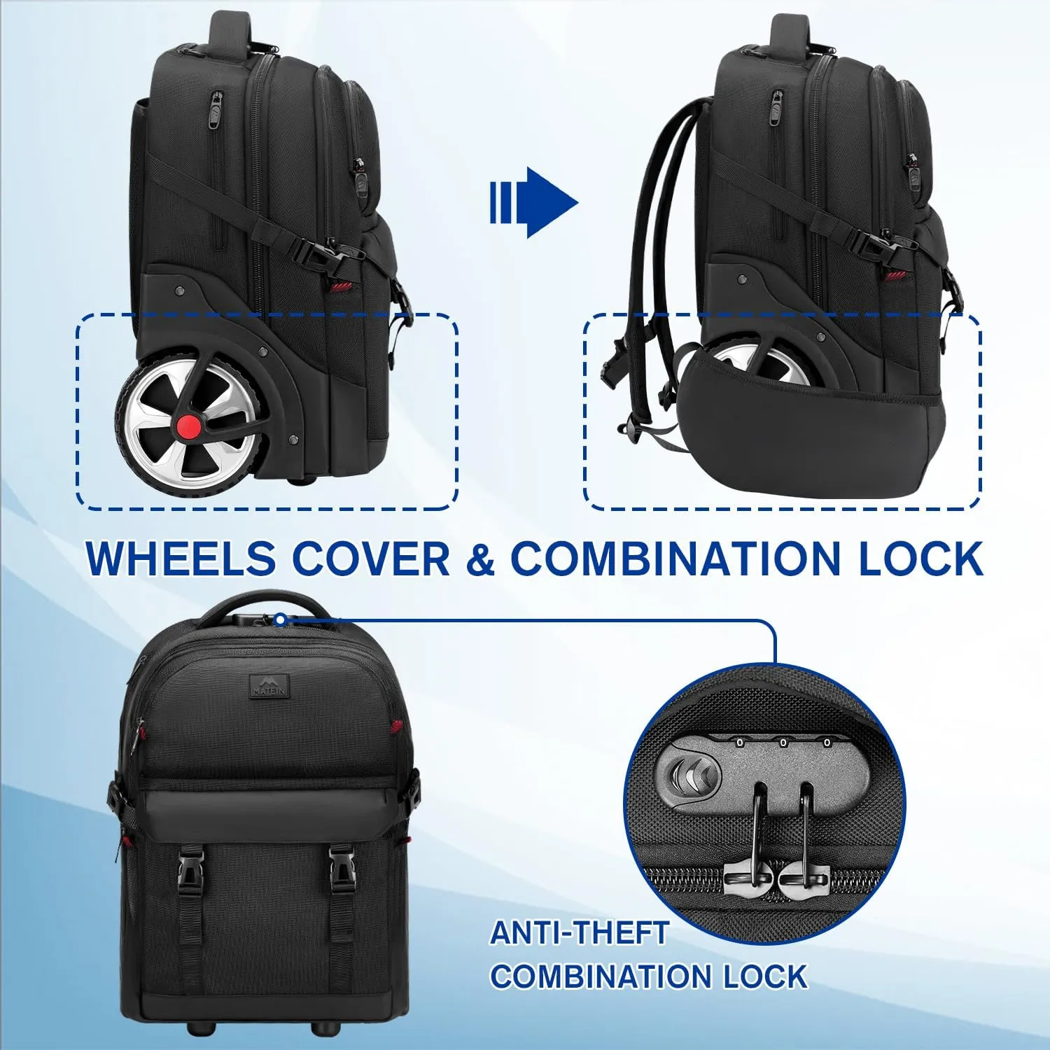 MATEIN Rolling Backpack for Adults with Wheels, 17 Inch Large Wheeled Backpack with USB Charging Port & Combination Lock, Water Resistant Anti Theft Travel Laptop Backpack for Men Work Business, Black