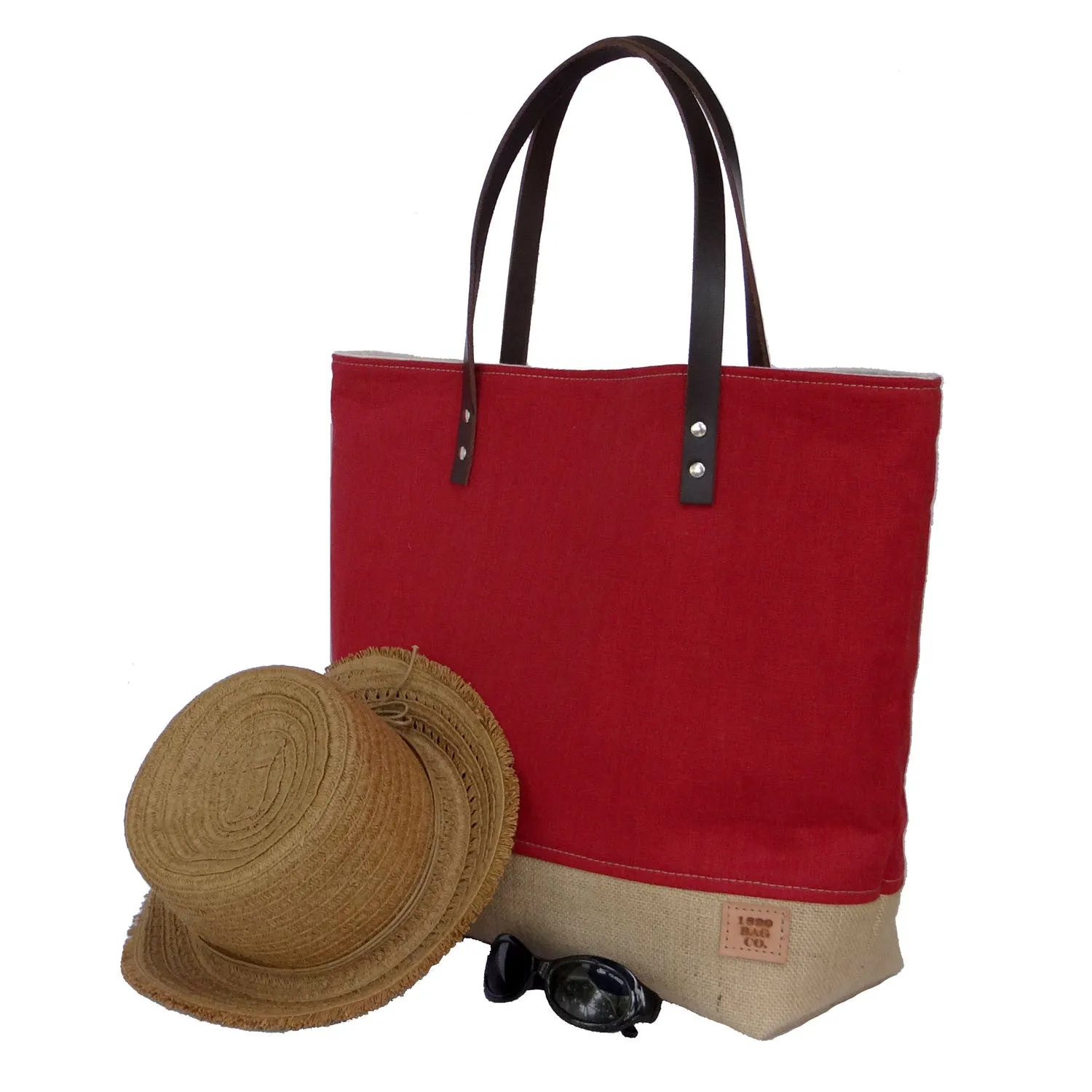 Panama Linen and Burlap Large Tote Bag - Red and Beige