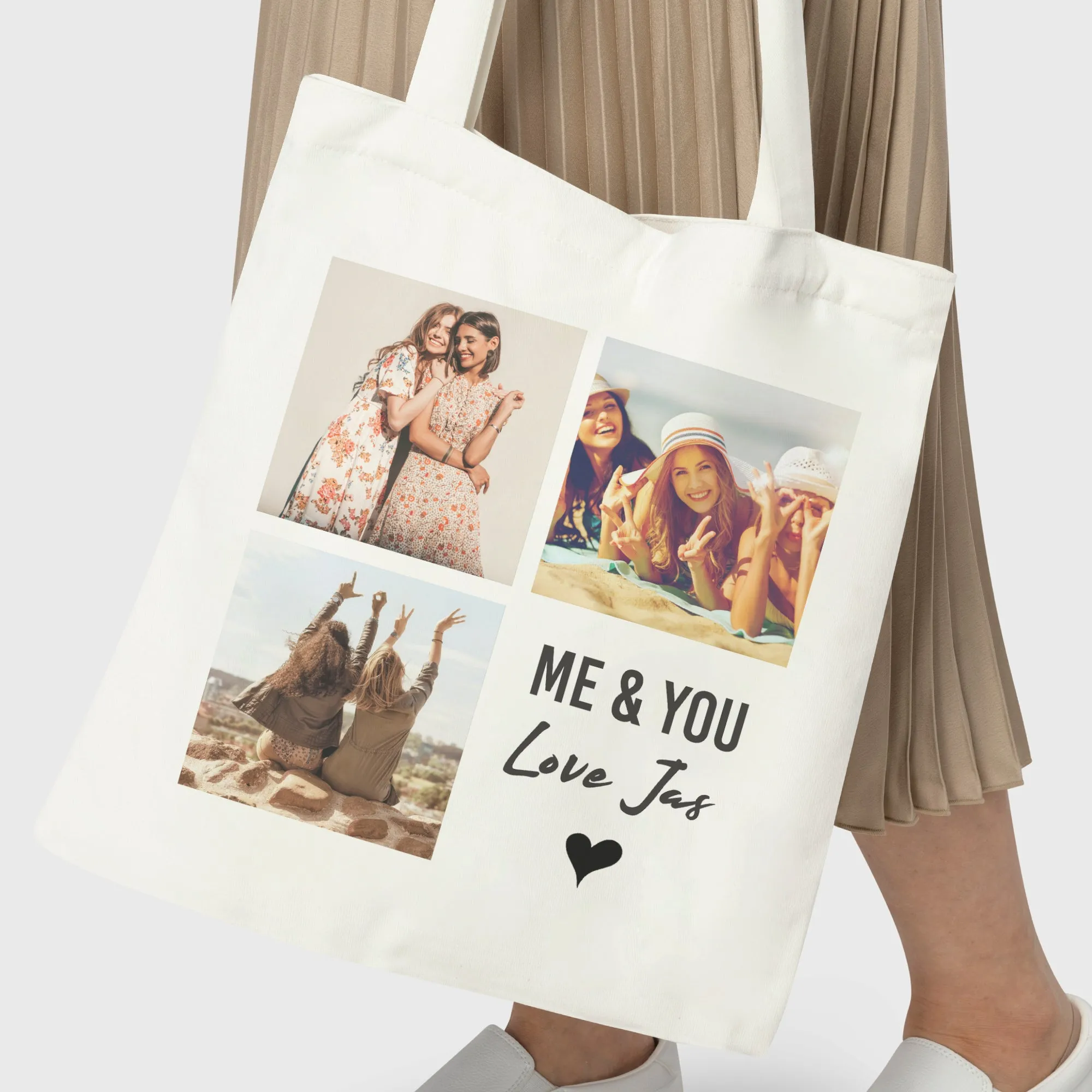 Personalised 3 Photo Upload & Love You Text - Canvas Tote Bag