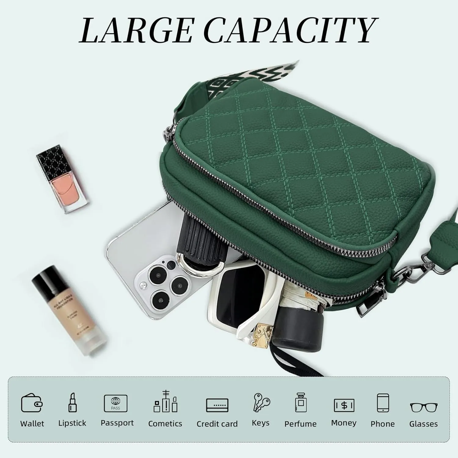 Quilted Purses for Women Crossbody Purse Small Crossbody Bag Leather Shoulder Handbags Wide Guitar Strap Purse
