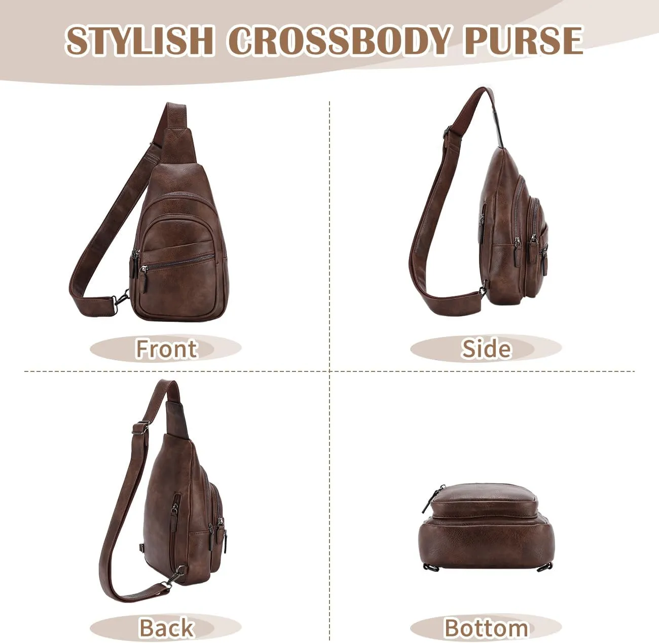 RAVUO Sling Bag, PU Leather Crossbody Backpack for Women Men Casual Hiking Daypack Multipurpose Chest Bag for Work College Coffee