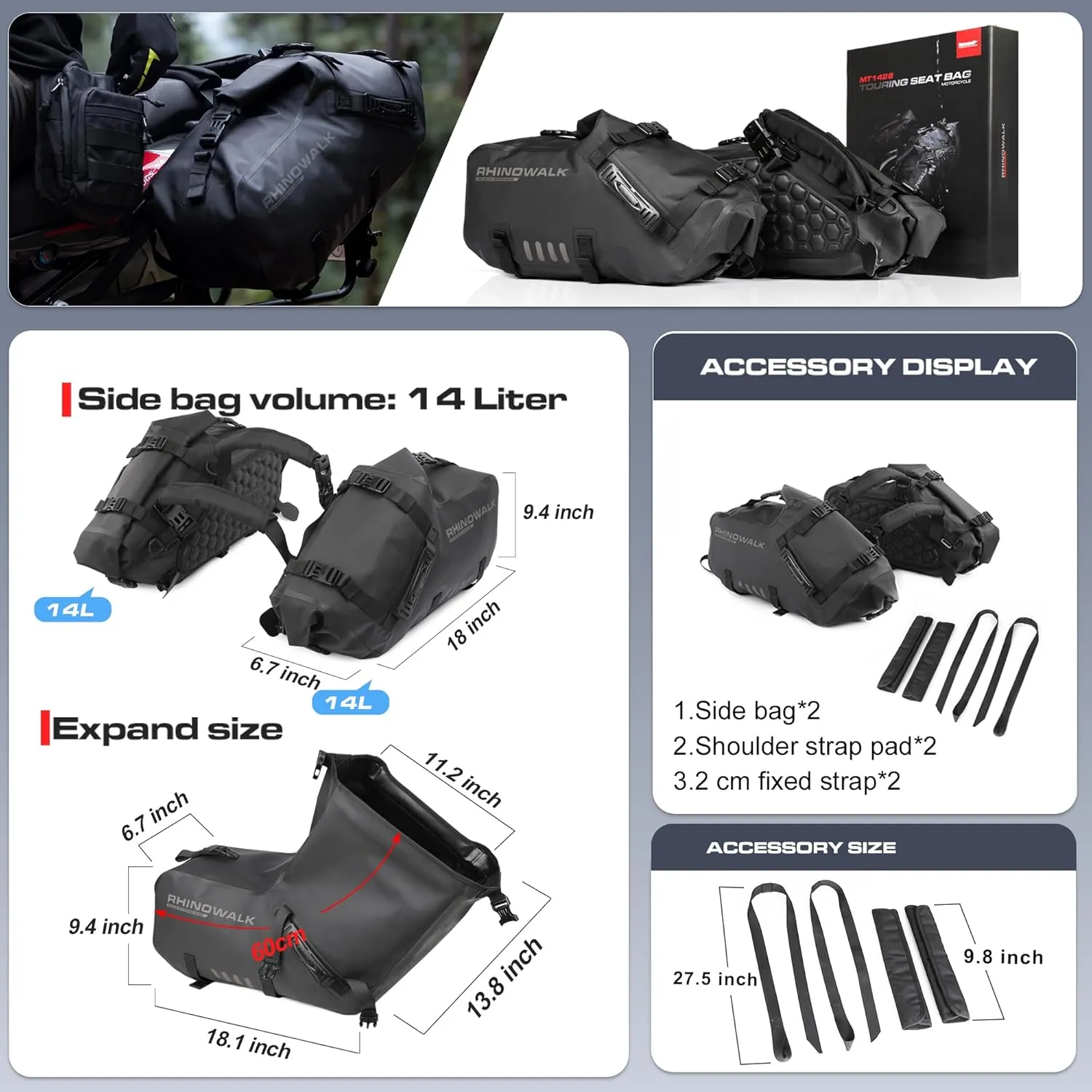 Rhinowalk Motorcycle Saddle bags, Waterproof motorcycle saddlebags, shoulder bag 48L(24L*2), for most Adventure and Sport Motorcycle Racks, 1 Pair