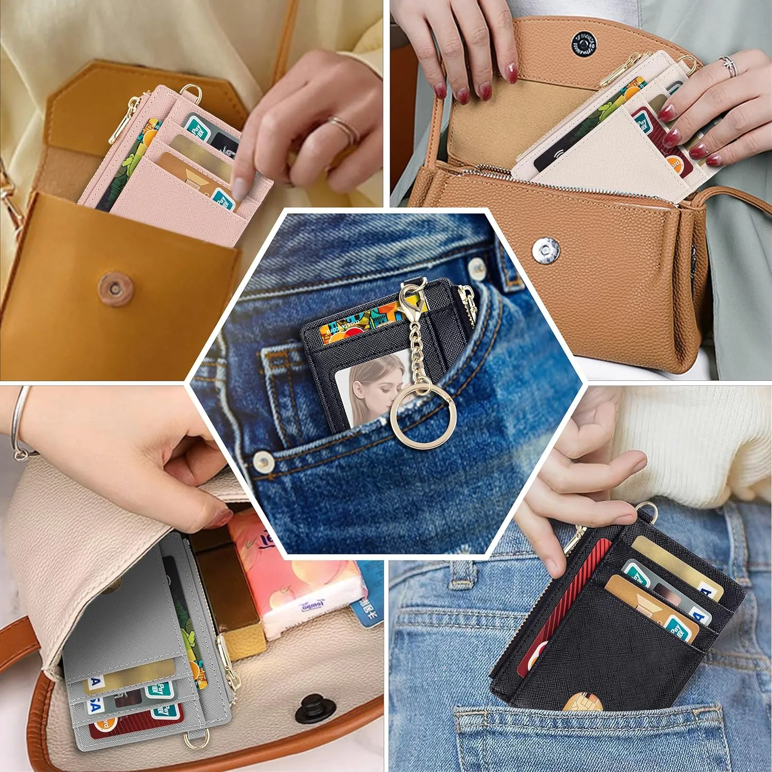 Suweibuke Slim Pocket Wallet, RFID Blocking Credit Card Holder Wallet with D-Shackle ID Window and Detachable keychain for Women (A-Black)