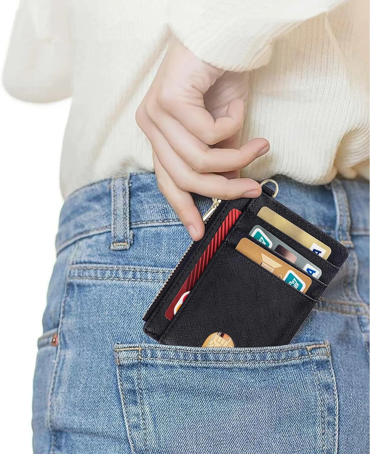 Suweibuke Slim Pocket Wallet, RFID Blocking Credit Card Holder Wallet with D-Shackle ID Window and Detachable keychain for Women (A-Black)