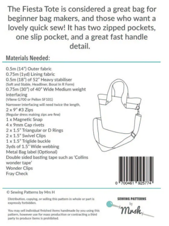 The Fiesta Tote - Sewing Patterns by Mrs H - Printed Pattern