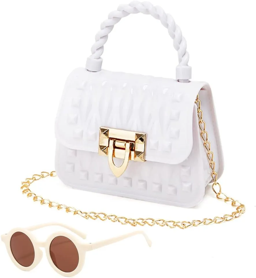 Toddler Handbags Cross Body Bag Shoulder Bag Wallet Princess Purse Sunglass for Girls Kids (White)