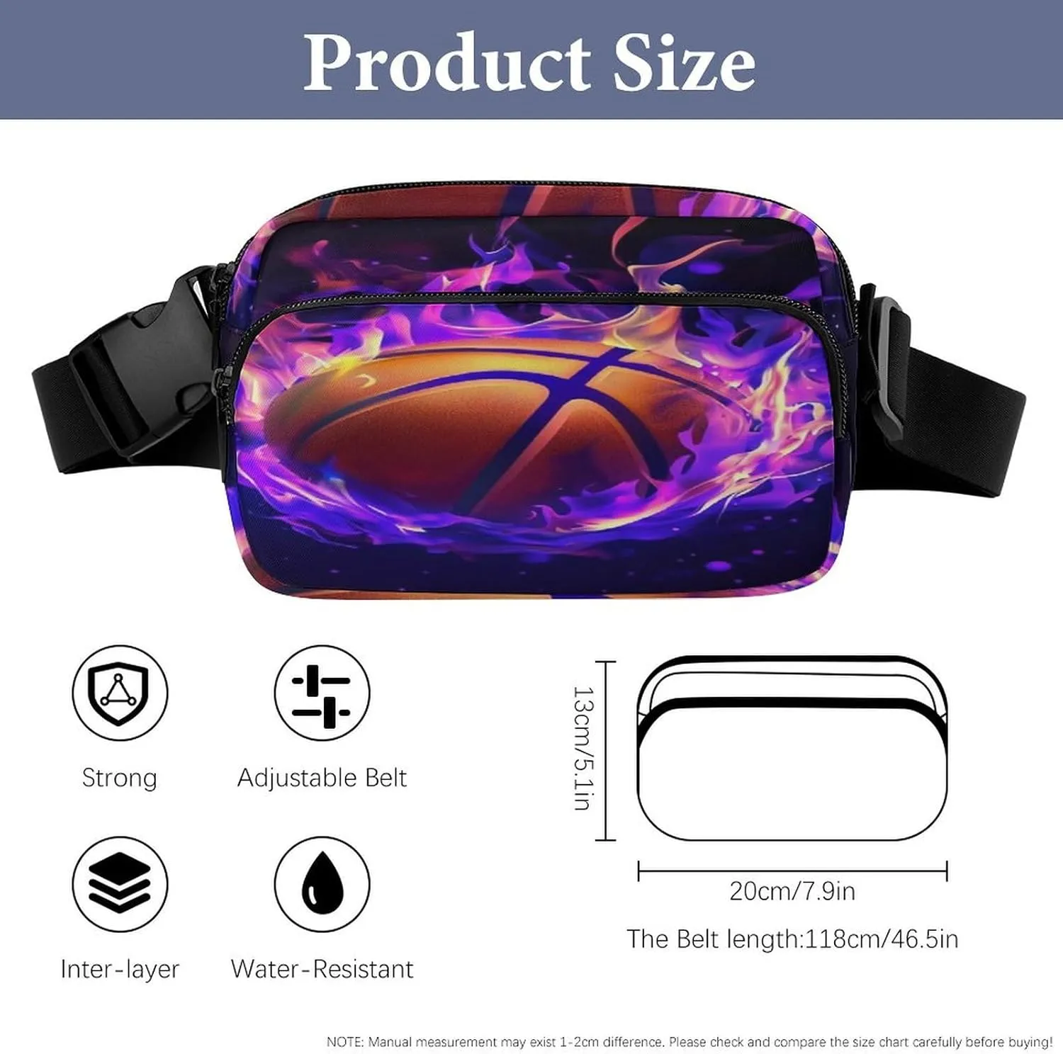 Unique Printed Cool Purple Fire Flame Basketball Fanny Pack for Adult, Square Double Layer Waist Bag for Outdoor Shopping Travel Hiking