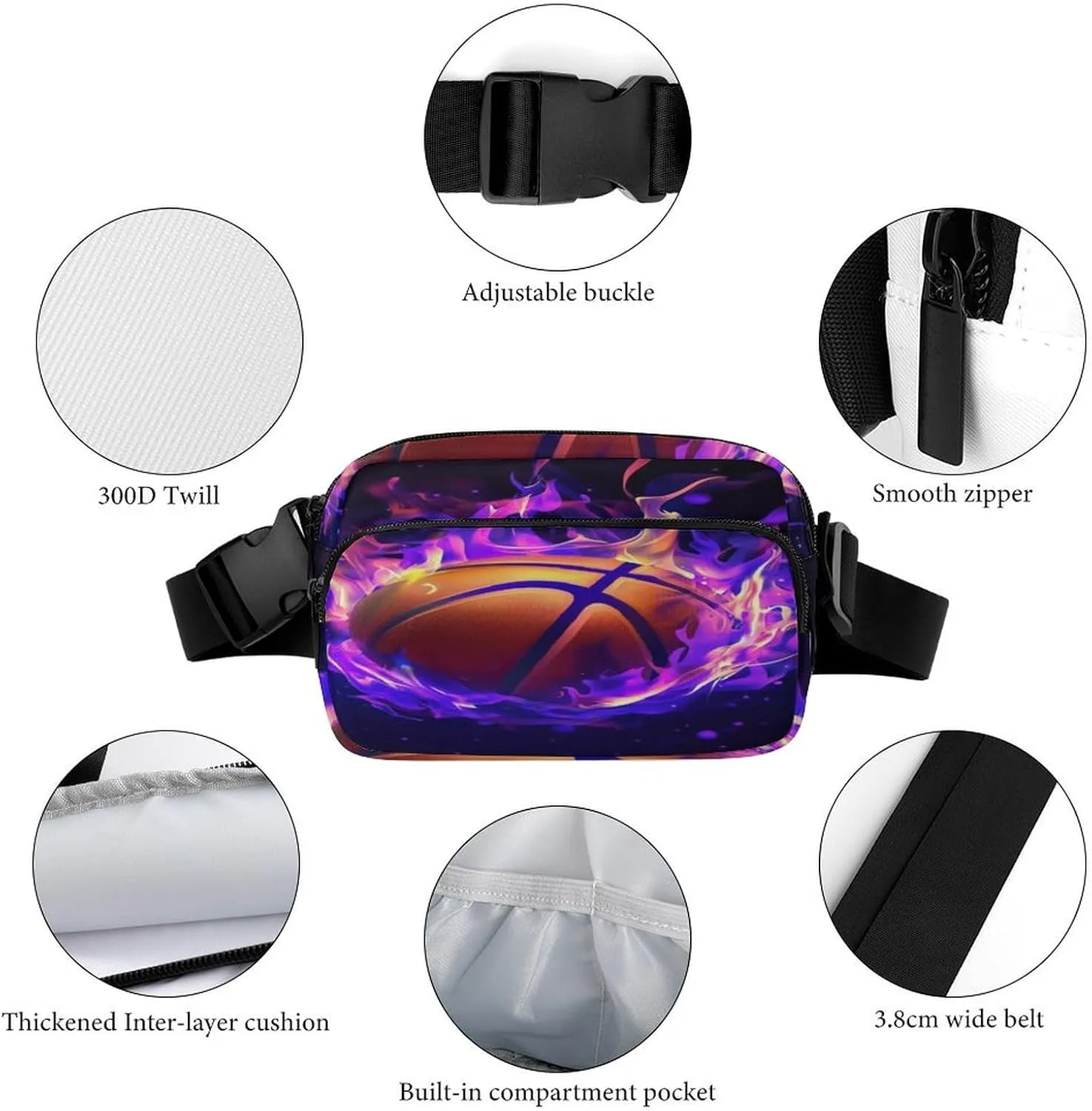 Unique Printed Cool Purple Fire Flame Basketball Fanny Pack for Adult, Square Double Layer Waist Bag for Outdoor Shopping Travel Hiking