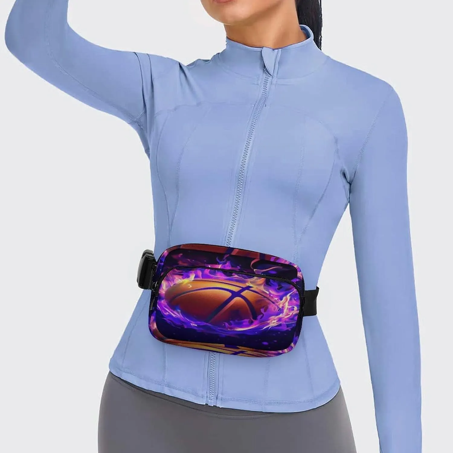 Unique Printed Cool Purple Fire Flame Basketball Fanny Pack for Adult, Square Double Layer Waist Bag for Outdoor Shopping Travel Hiking