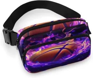 Unique Printed Cool Purple Fire Flame Basketball Fanny Pack for Adult, Square Double Layer Waist Bag for Outdoor Shopping Travel Hiking