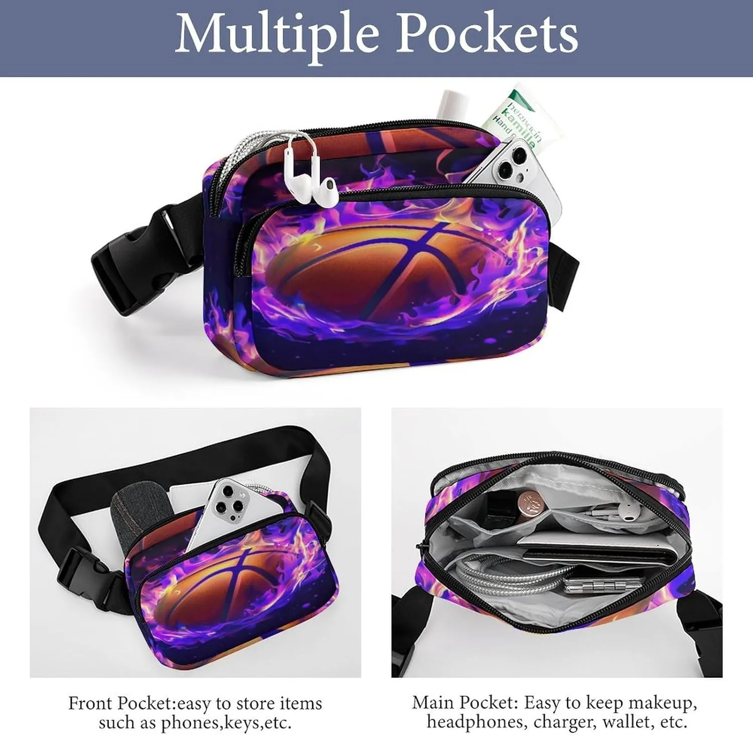 Unique Printed Cool Purple Fire Flame Basketball Fanny Pack for Adult, Square Double Layer Waist Bag for Outdoor Shopping Travel Hiking