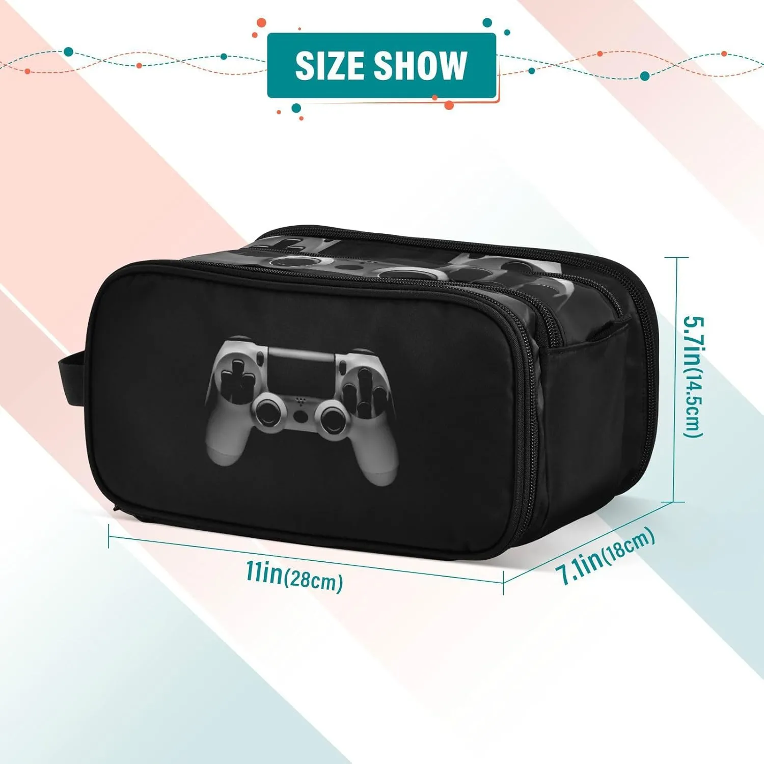 Video Game Joystick Gamepad in Grey Isolated on Black Women's Portable Makeup Bag with Handle, Cosmetic Bag, Travel Cosmetic Bag Durable Toiletry Storage Organizer 11 x 7 x 5.7 inch