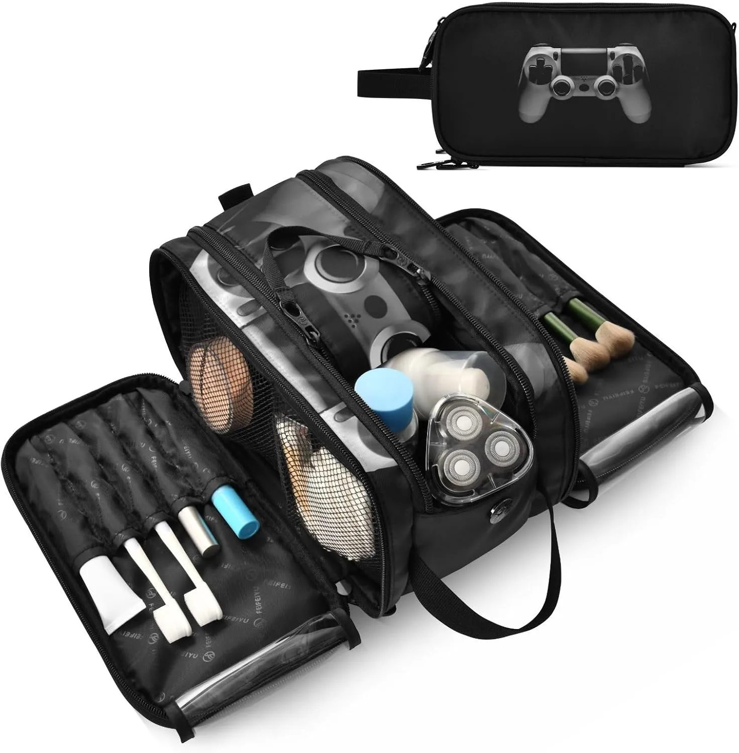 Video Game Joystick Gamepad in Grey Isolated on Black Women's Portable Makeup Bag with Handle, Cosmetic Bag, Travel Cosmetic Bag Durable Toiletry Storage Organizer 11 x 7 x 5.7 inch