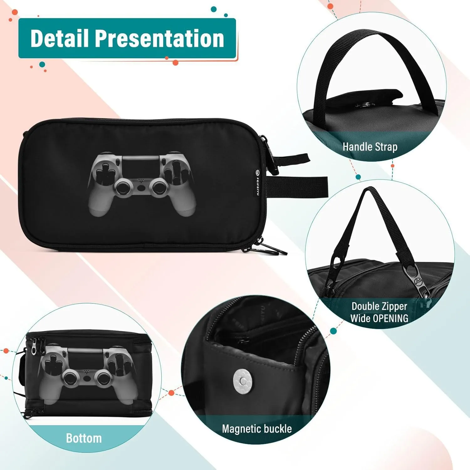 Video Game Joystick Gamepad in Grey Isolated on Black Women's Portable Makeup Bag with Handle, Cosmetic Bag, Travel Cosmetic Bag Durable Toiletry Storage Organizer 11 x 7 x 5.7 inch