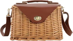 Wicker Handbag Straw Purse for Women, Hand Woven Rattan Bag with Leather Strap, Summer Beach Bag with Lining