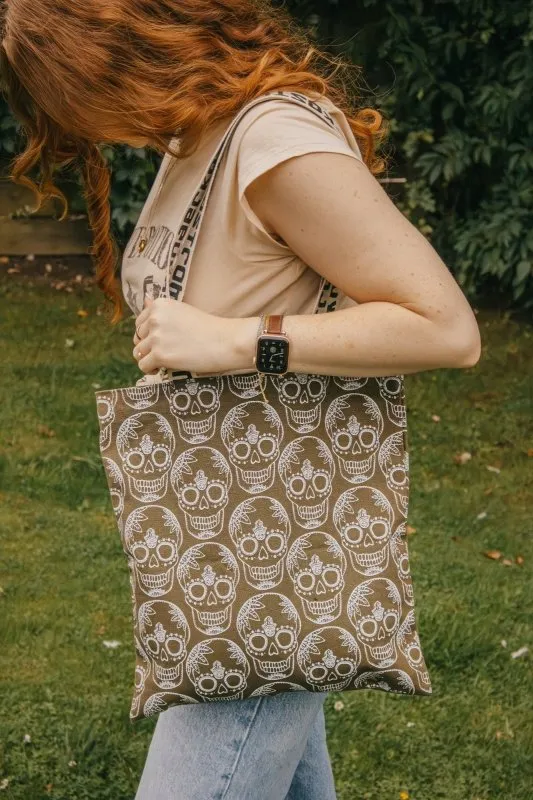 Xander Kostroma Burnt Olive Green Skull Print Cotton Shopper Tote Bag | Eco-Friendly 14” x 16” | Stylish & Durable Everyday Bag | Perfect for Women | Trendy Fashion Accessory