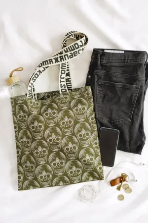 Xander Kostroma Burnt Olive Green Skull Print Cotton Shopper Tote Bag | Eco-Friendly 14” x 16” | Stylish & Durable Everyday Bag | Perfect for Women | Trendy Fashion Accessory