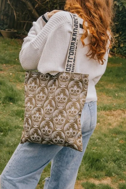 Xander Kostroma Burnt Olive Green Skull Print Cotton Shopper Tote Bag | Eco-Friendly 14” x 16” | Stylish & Durable Everyday Bag | Perfect for Women | Trendy Fashion Accessory