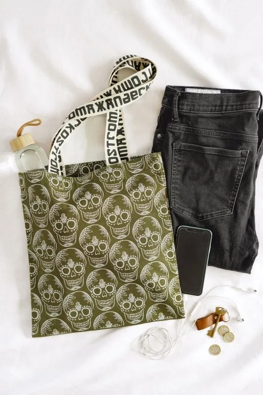Xander Kostroma Burnt Olive Green Skull Print Cotton Shopper Tote Bag | Eco-Friendly 14” x 16” | Stylish & Durable Everyday Bag | Perfect for Women | Trendy Fashion Accessory